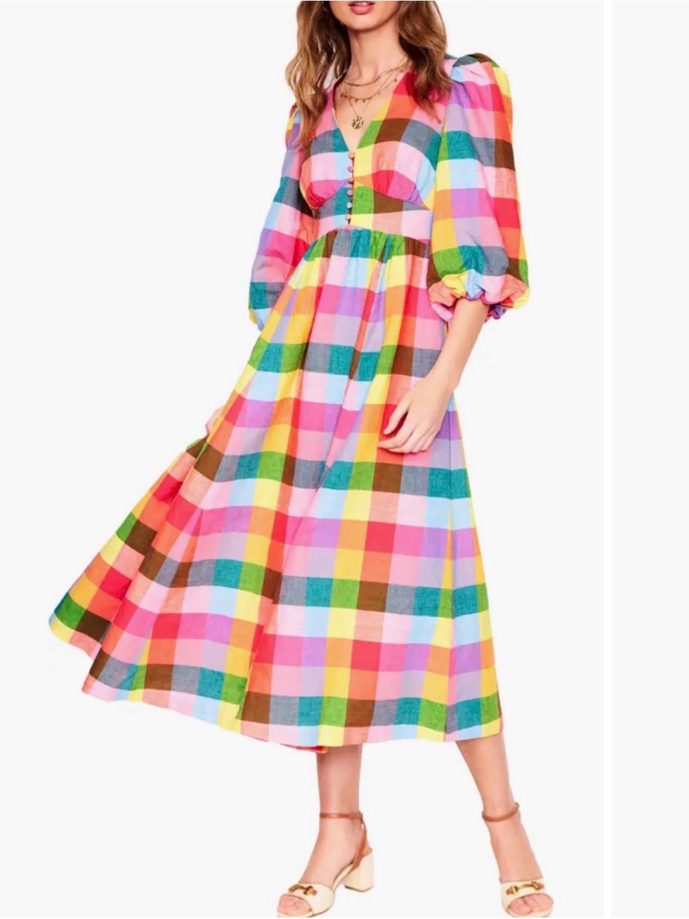 Boden Colorful Gingham Maxi Dress with Puffed Sleeves. - Picture 2 of 7